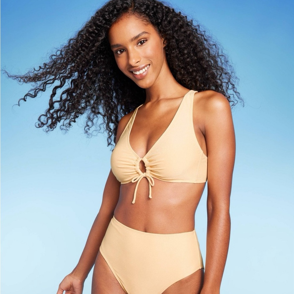 Shade & Shore Lurex Keyhole High-Waisted Ruched Bikini Yellow Gold